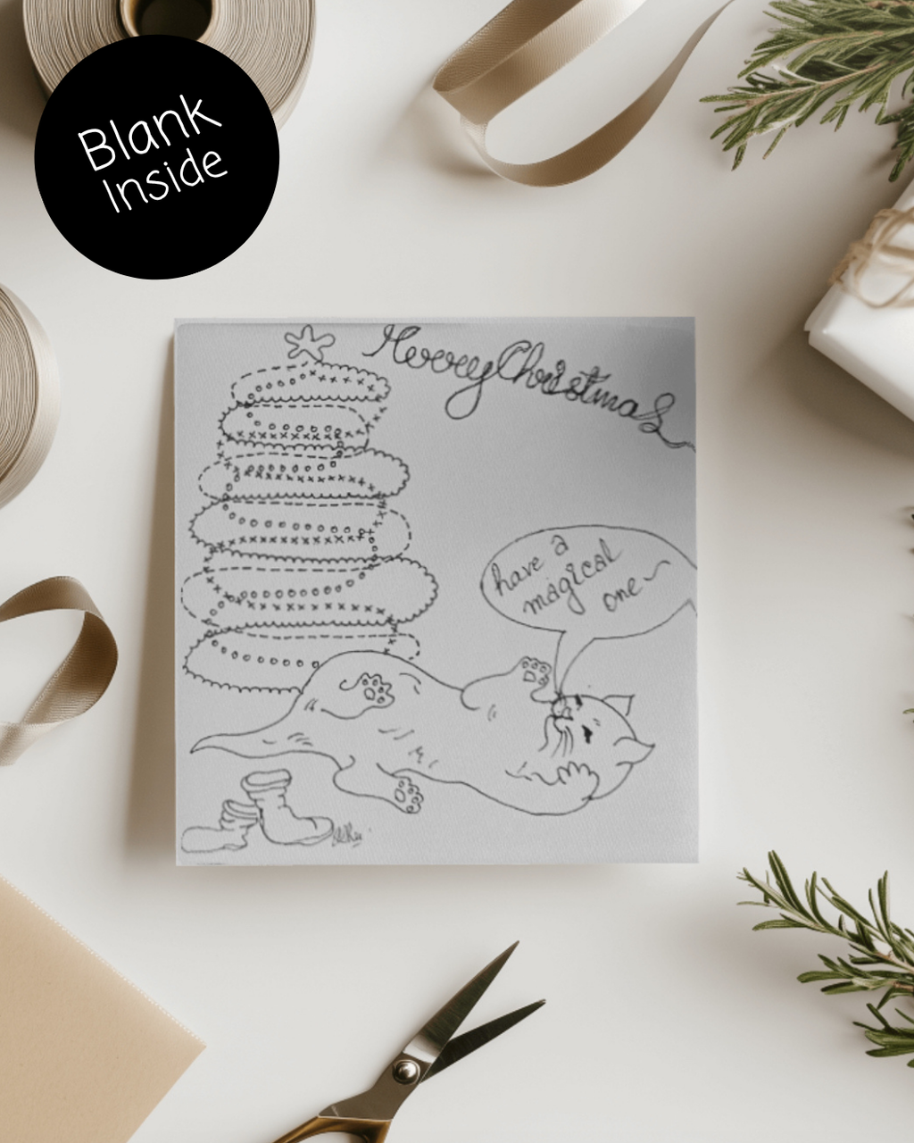 Christmas Tree & Cat Greeting Cards | Digital Download Only | Pre-coloured or DIY