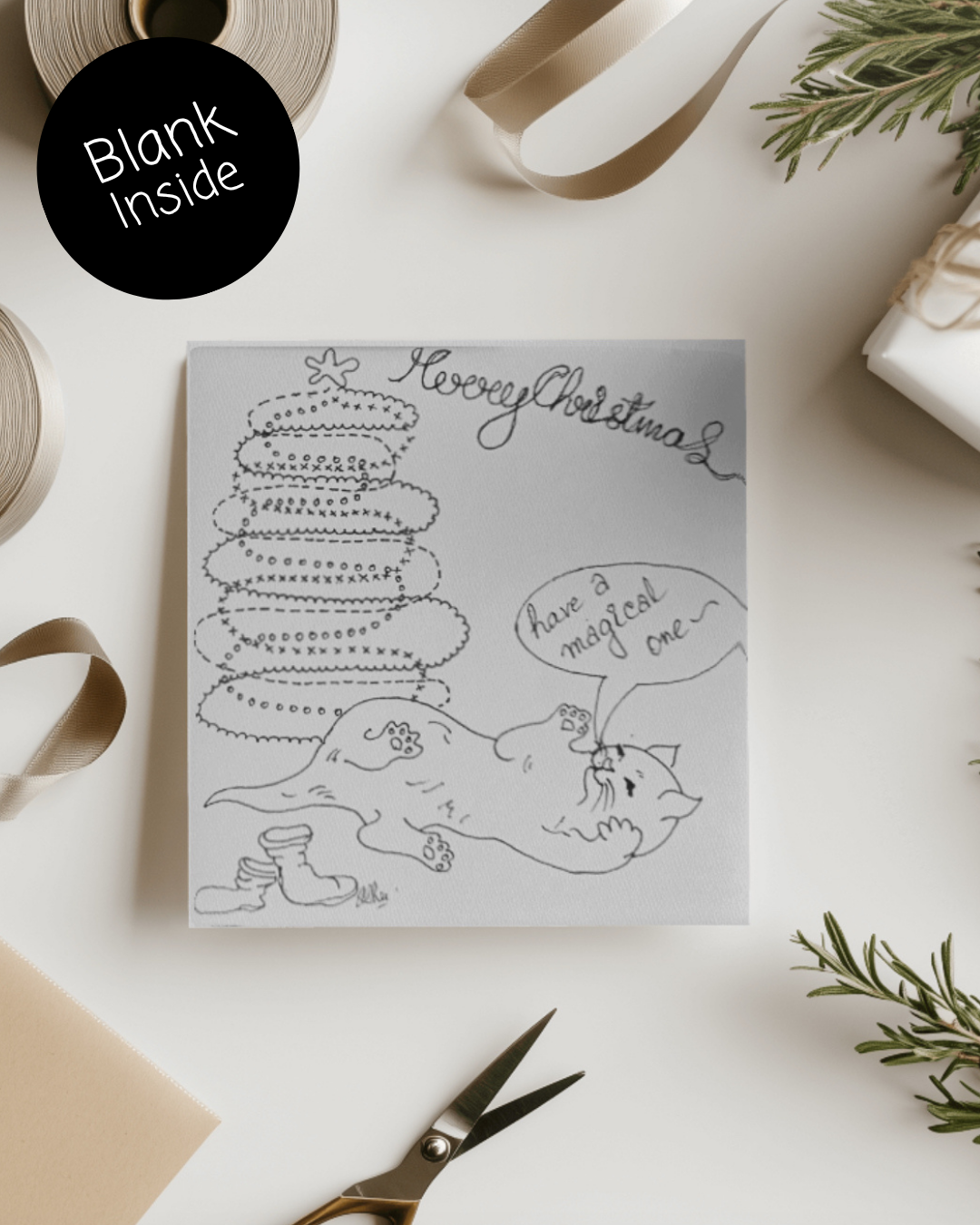Christmas Tree & Cat Greeting Cards | Digital Download Only | Pre-coloured or DIY