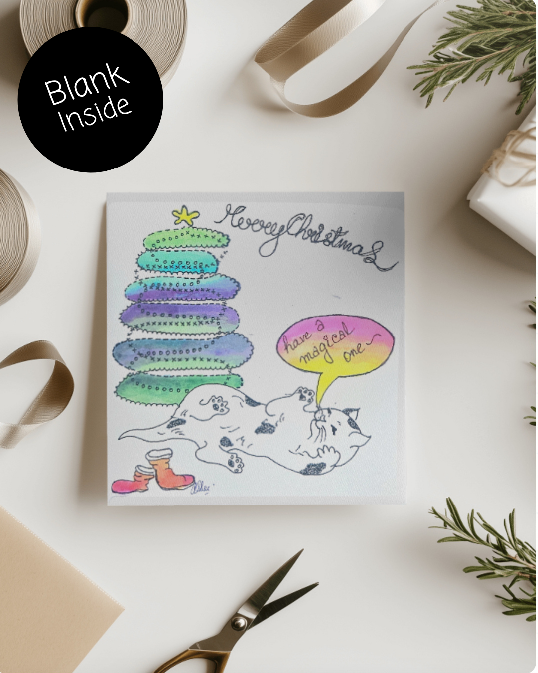 Christmas Tree & Cat Greeting Cards | Digital Download Only | Pre-coloured or DIY