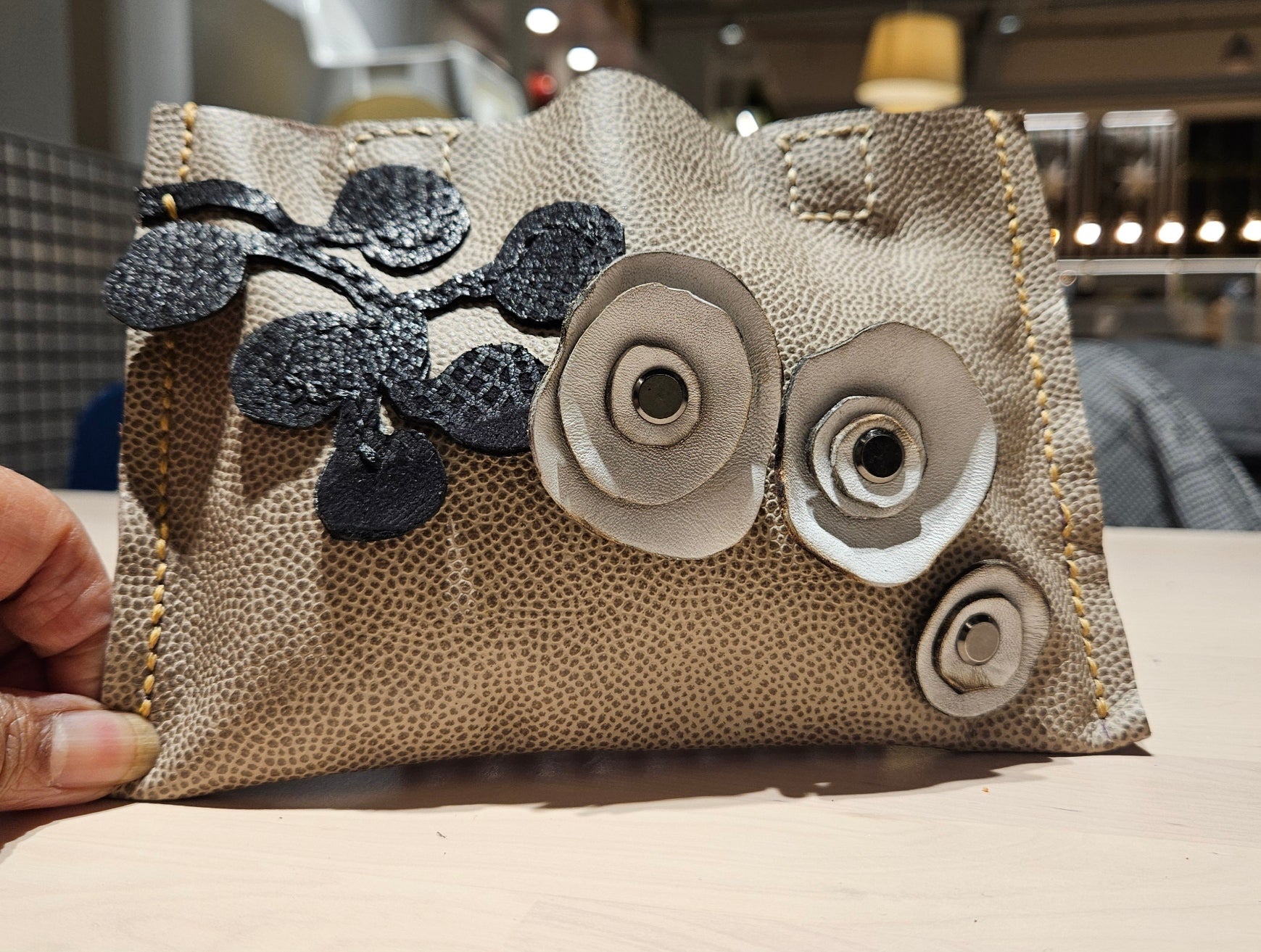 Fawn Dotted Leather Clutch Bag with Roses | Handcrafted Leather Bag Collection