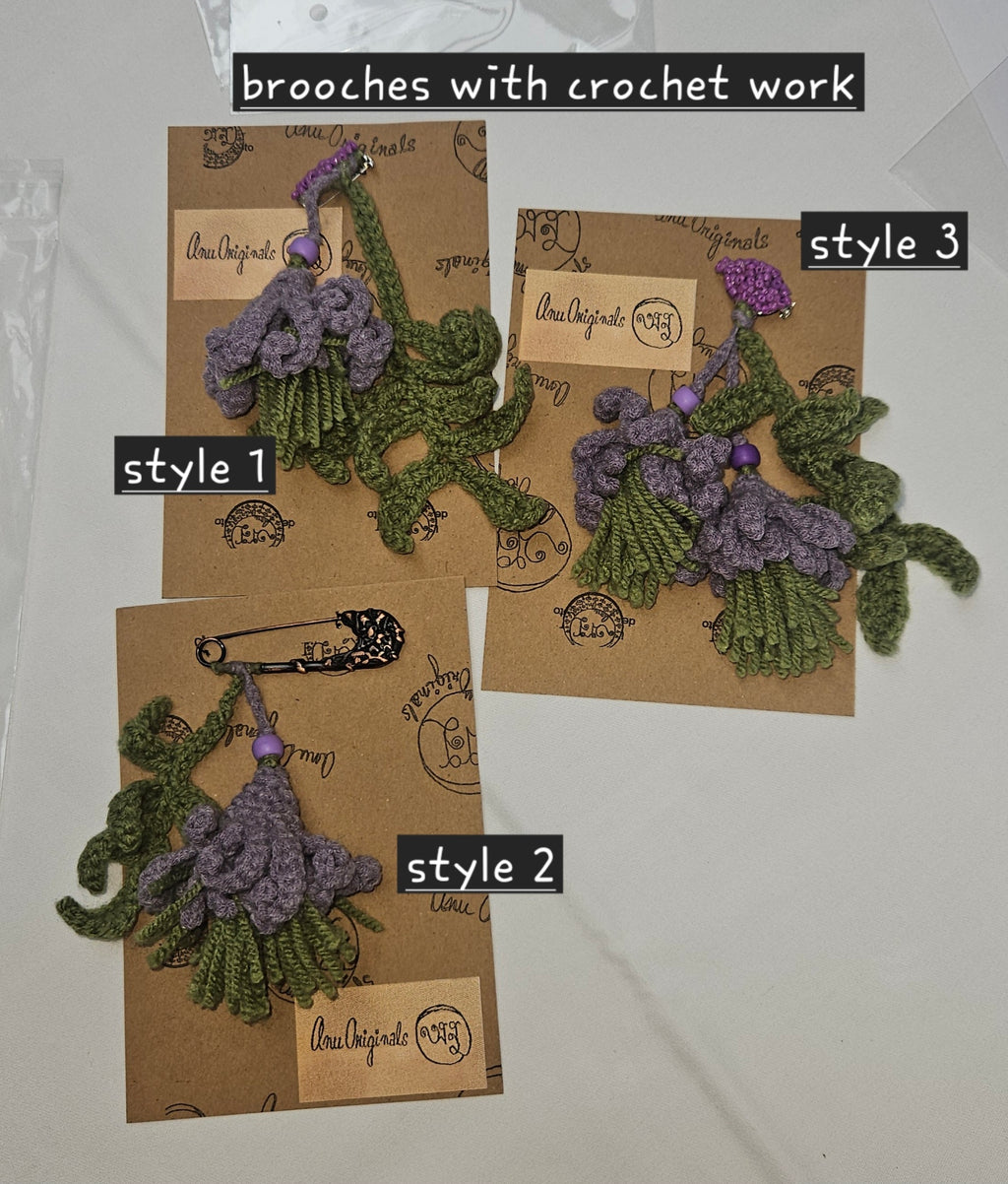 Brooches in yarn:  Flowers with coordinated twig of leaves 3 styles
