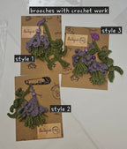 Brooches in yarn:  Flowers with coordinated twig of leaves 3 styles