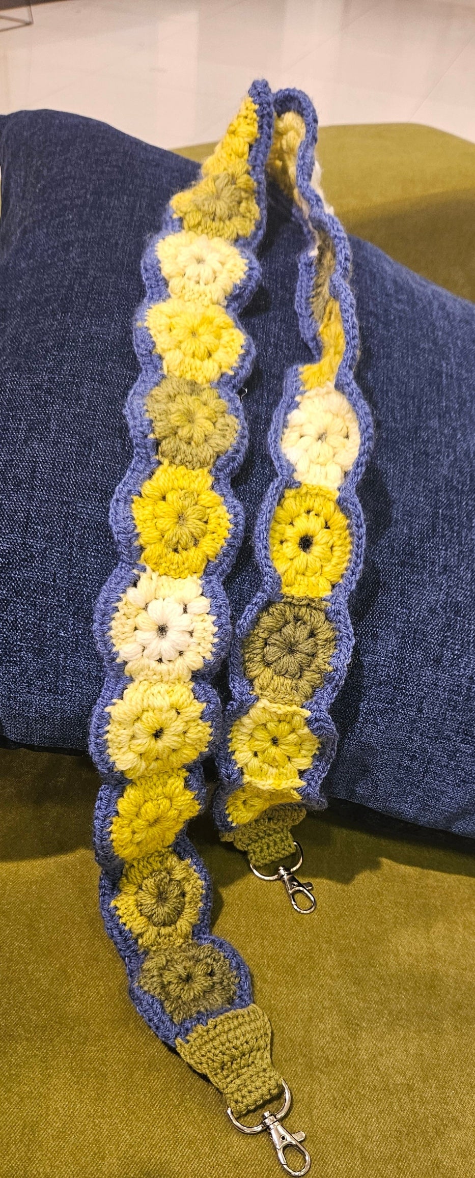 Crochet Bag Strap in Blue/Yellow/Sap Green and Cream | Lifestyle Accessories