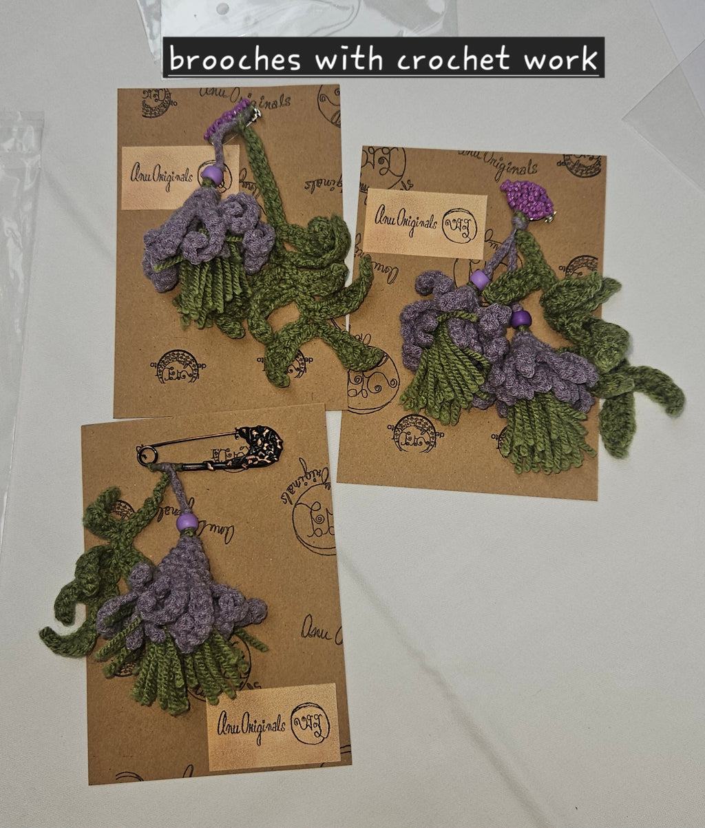Brooches in yarn:  Flowers with coordinated twig of leaves 3 styles