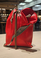 Leather Bucket Bag in Red with Tulip | Handcrafted Leather Bag Collection