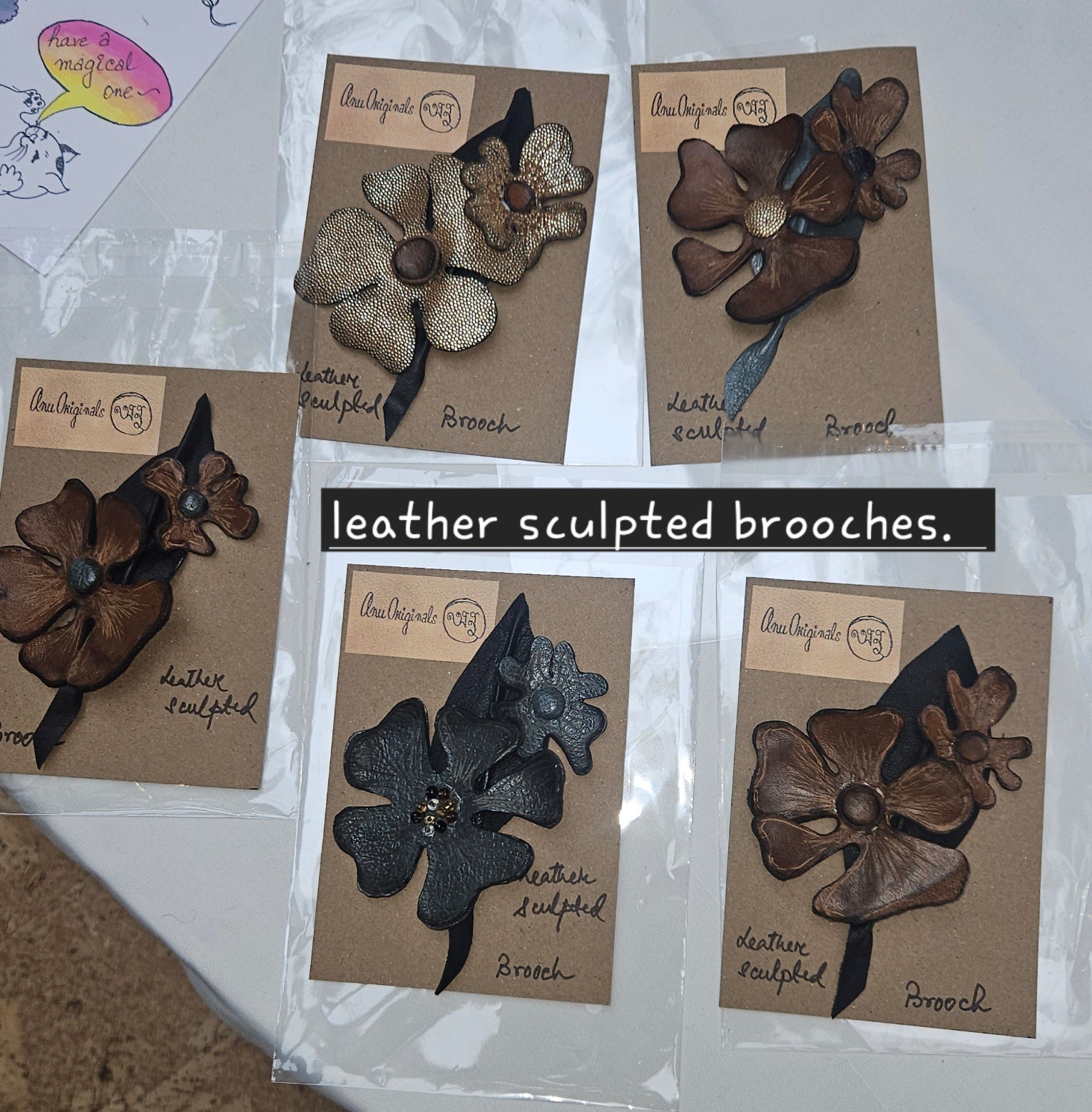 Handmade Sculpted Floral Leather Brooches