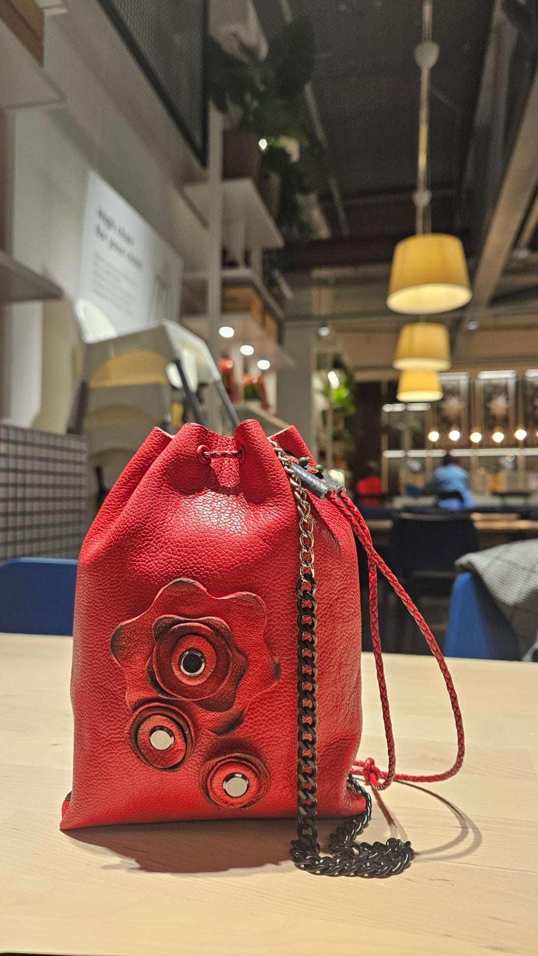 Red Leather Bucket Bag with Red Roses | Handcrafted Leather Bag Collection